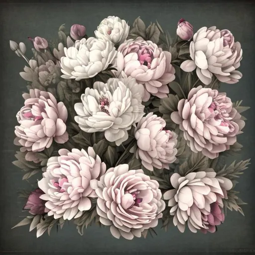 Prompt: PAEONIA ALERTIE realystic  vintage  style 11 flowers bouquet ligthener white pink old style  dark background 