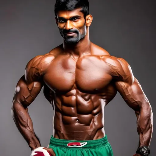 a muscular indian man with six pack abs and fully va
