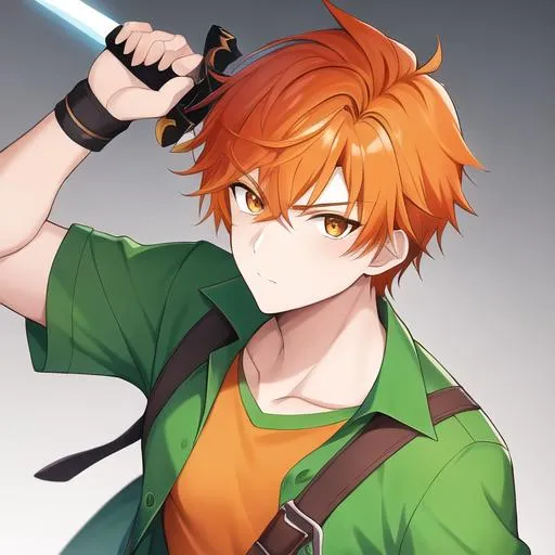 Prompt:  1boy, a man with orange hair and orange eyes holding a sword and a green shirt on his chest. Adam Manyoki, sots art, official art, a character portrait