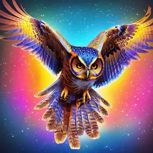 Prompt: Flying radiant colorful owl 