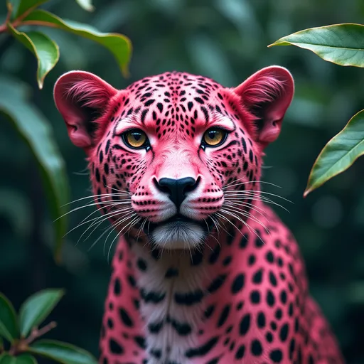 Prompt: pink leopard head and shoulders peering through jungle boho style