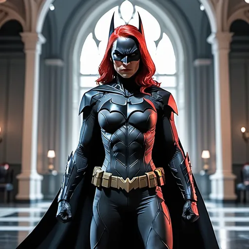 Prompt: Female demon Batman, malicious, sinister, red hair, indoor Wayne manor, black and red Batman suit, pretty, imposing, battle stance, ready to fight, 50-year-old woman