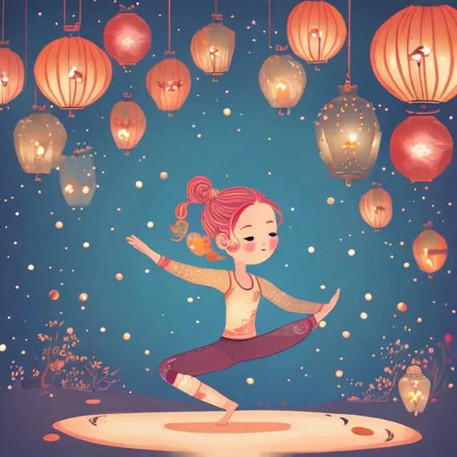 Prompt: Girl with rose gold hair yoga with lanterns colorful storybook illustrations 