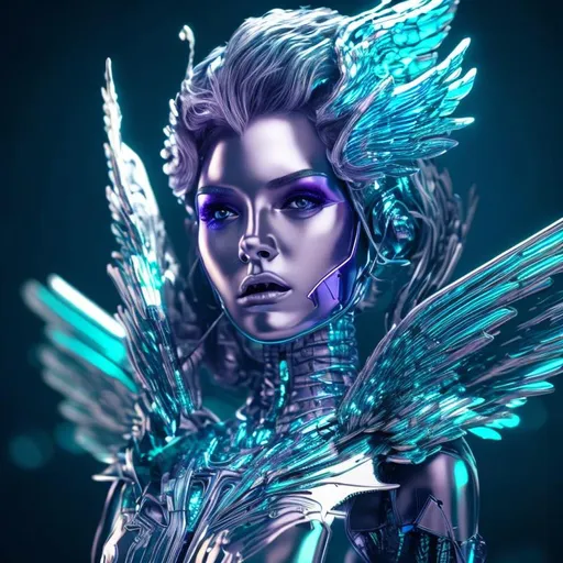Prompt: Metallic cyber girl with metallic wings, sci-fi fantasy, hyperrealistic, 4K portrait, clear shot, UHD, 4D 