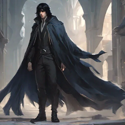 Prompt: brooding young man, pale skin, blue and black eyes, sharp features, long uneven black hair with heavy bangs, exhausted, bookish, menacing, magic, black cloak, concept art, epic lighting, finely-tuned, octane rendering