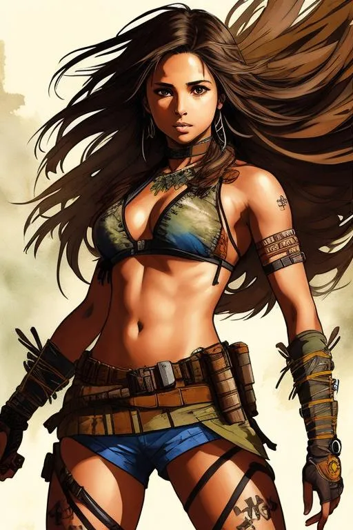 Prompt: (((Yoji Shinkawa))), sticker of ultra detailed portrait of Naomi Scott as Tribal warrior,  high quality cell shaded illustration in post apocalyptic style by Yoji Shinkawa, ((full body)), dynamic pose, perfect anatomy, centered, freedom, soul, brown long hair, approach to perfection, cell shading, 4k , cinematic dramatic atmosphere, watercolor painting, global illumination, detailed and intricate environment, artstation, concept art, fluid and sharp focus, volumetric lighting, cinematic lighting, Artby Ilya Kuvshinov,