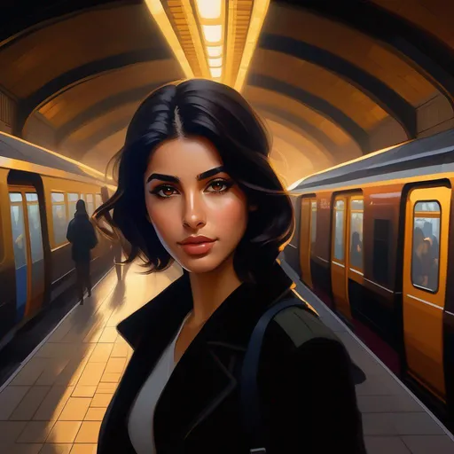 Prompt: Third person, gameplay, Turkish girl, olive skin, black hair, brown eyes, 2020s, smartphone, Istanbul subway station, foggy, golden atmosphere, cartoony style, extremely detailed painting by Greg Rutkowski and by Henry Justice Ford and by Steve Henderson 