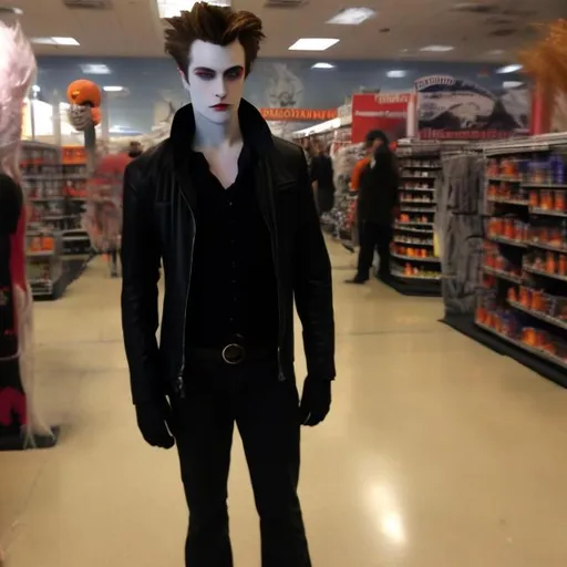 Prompt: Edward Cullen at spirit halloween