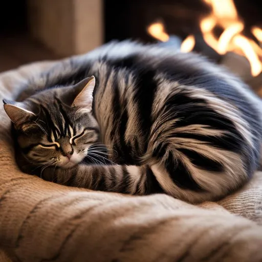 Prompt: blacked striped cat sleeping by a fireside