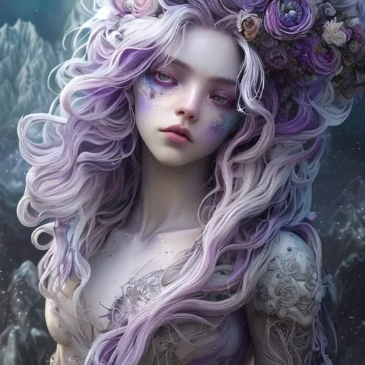 Prompt: (Purple gradient hair colour, messy), a beautiful, goddess (white gradient hair colour, messy),  crown, landscape, detailed, floral, fantasy, landscape, floral, goddess, soft, pretty visuals, aestheticfull body and face focus, intricate details, exceptional detail, fantasy, ethereal lighting, hyper sharp, sharp focus, photorealistic portrait, detailed face, highly detailed, realistic, hyper-realistic, colourful, unreal engine, Ultra realistic large chest, athletic body, Highly detailed photo-realistic digital artwork. High definition.  Biggals, beautiful face, beautiful body, beautiful eyes, beautiful hair, smooth textures, is a digital painting with vibrant colours and exceptional detail, created using 3DS Max, AppGameKit, and Behance HD, sketch




