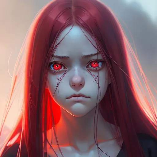 Prompt: Closeup face portrait of  17 years old girl,with scary facial expression,a demon in background smooth soft skin, big dreamy  red eyes, beautiful intricate colored hair, symmetrical, anime wide eyes, soft lighting, detailed face, by makoto shinkai, stanley artgerm lau, wlop, rossdraws, concept art, digital painting, looking into camera