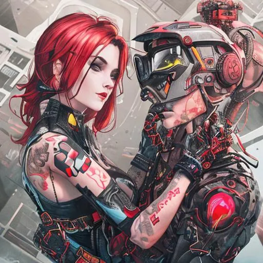 Prompt: Man and woman, embracing, corporate, pharmaceutical, radiation,  colorful, gothic, stalker, tattoos, cyberpunk, mech, red fire