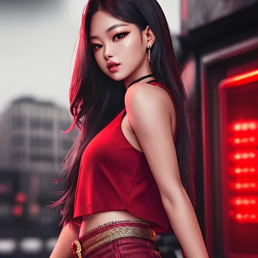 Prompt: (headshot), a beautiful Jennie from Blackpink, kpop, idol, (tattoo), (wearing a sleeveless red top), (wearing baggy pants), (wearing military boots), dark and rainy night, cinematic lighting, Hyperrealism, ultra highres, photorealistic, 8k, photography