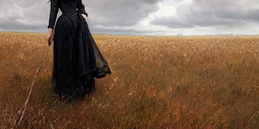 Prompt: portrait of women, sad, extreme detail,  black designer couture dress, in field with storm rolling in, by Maurice Sendak and Ilya Repin, artstation, wide screen