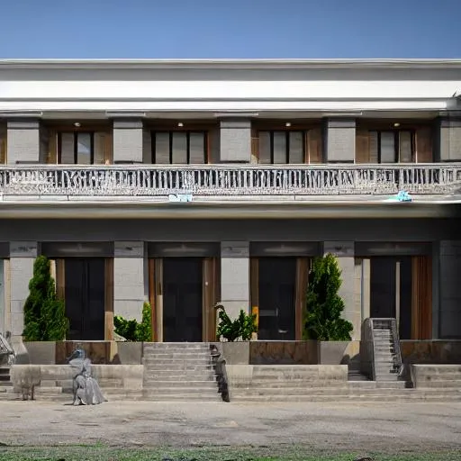Prompt: Modern greek revival street inspired Congolese architecture with precolonial congolese art inspiration and Congolese minerals, volumetric natural light, ultra realistic, vray,  hd