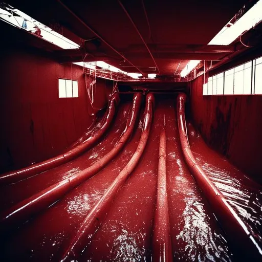 Prompt: Indoor water slides empty dirty vomit dilapidated night dim lighting red dirty dry dark drain meat flesh nightmare holes deep empty