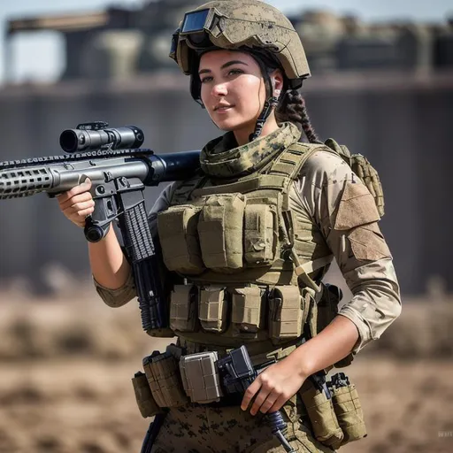 Prompt: Please produce a solarpunk picture of a cute female marine, dirty skin, gun, aiming at viewer, holding gun, , attractive, flirting, hyper sexualised (((full body visible))), portrait, photography, detailed skin, realistic, photo-realistic, 8k, highly detailed, full length frame, High detail colour  art, diffused soft lighting, sharp focus, hyperrealism, cinematic lighting, detailed background