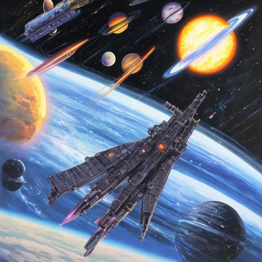 Prompt: 1980s space fantasy cover art painting