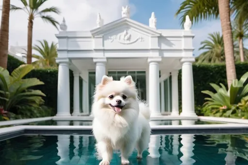 Prompt: A little white Pomeranian dog swimming in the pool in the tropical garden with palm trees and Greek statues of a white modern luxury glass  house 