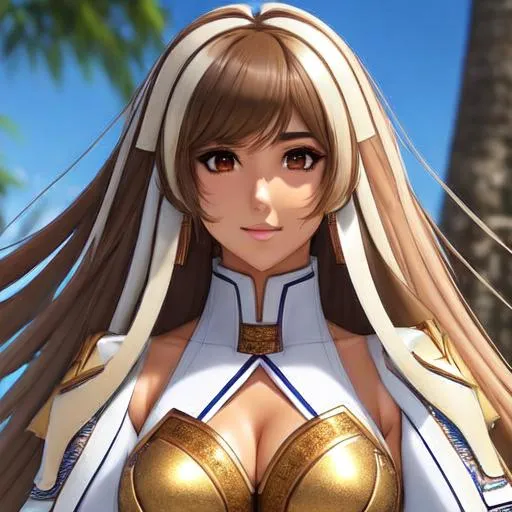 Prompt: ull body semi-realistic anime girl, Naomi Scott, skin highlights, hair highlights, long brown hair, wearing white holy armor, blushing, tribal village background, adult researcher, glamour, cleavage, tan skin wonderful face, very detailed face, extremely detailed face, highly detailed face, soft smile, happy, perfect face, perfect eyes, perfect teeth, perfect body, perfect anatomy, beautiful body, trending on instagram, trending on tiktok, trending on artstation, trending on cgsociety, white sclera, photorealistic, masterpiece, cinematic, 16k artistic photography, epic, drama, romance, glamour, beauty, cinematic lighting, dramatic lighting, insanely detailed, soft natural volumetric cinematic lighting, award-winning photography, rendering, hd, high definition, highly detailed