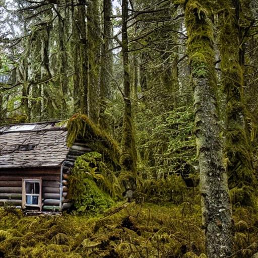 Abandoned Cabin in a mossy overgrown forest. | OpenArt