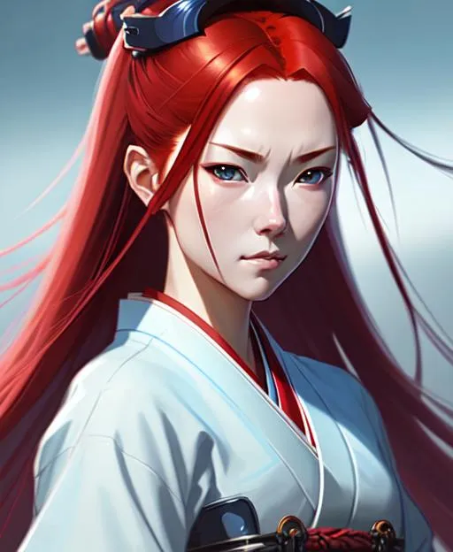 Prompt: Portrait of a  female samurai with red hair and with cute face, smooth soft skin, Pretty blue eyes, symmetrical, soft lighting, detailed face, by makoto shinkai, stanley artgerm lau, wlop, rossdraws, concept art, digital painting, looking into camera