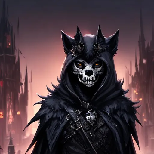 Prompt: Splash art of furry, black fur wearing white skull mask, black cloak, hooded, cat ears, at night, very detailed, uhd, trending on artstation