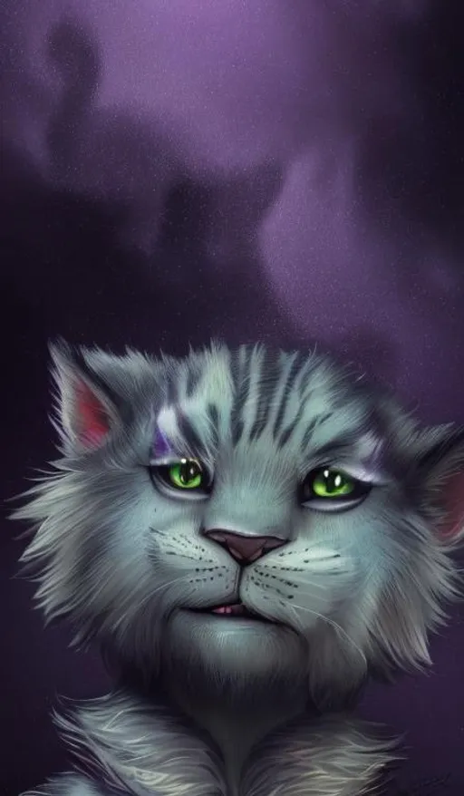 Prompt: character concept art | cute | young | male |  anthropomorphic | fluffy | tiger |  feline | khajiit | furry | fine face | purple eyes | violet furr | pretty face | starry sky | sit on stone