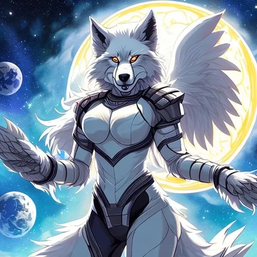 Prompt: angelic andromorphic humanoid furry wolf girl 
weaving the fabric of space and time with hands