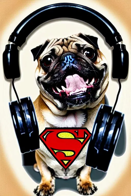 Prompt: Realistic comic book style poster artwork, highly detailed Realistic super pug dog DJ with large headphones, happy smiling groovy dog dj, dog DJ comic book cover, symmetrical