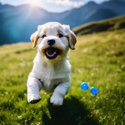 Prompt: puppy with a shiny blue ball, running in green pastures over mountains and rivers
