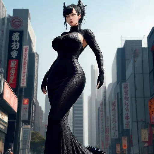 Prompt: Imagine a stunning human-Godzilla hybrid with a gorgeous figure, a large chest, and Godzilla scales for skin. Her dorsal fins run down her spine and her tail has the iconic Godzilla dorsal fins. She is standing in a miniature Japanese street, towering over the buildings and people around her. She is wearing a black lace dress that adds a touch of elegance to her monstrous appearance.