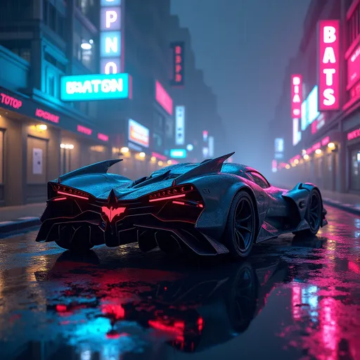 Prompt: Future Batmobile Concept, (high quality rendering), place in a nighttime cityscape, wet, high reflections, neon lighting, steampunk mood with electric blue neon signs with magenta and yellow highlights