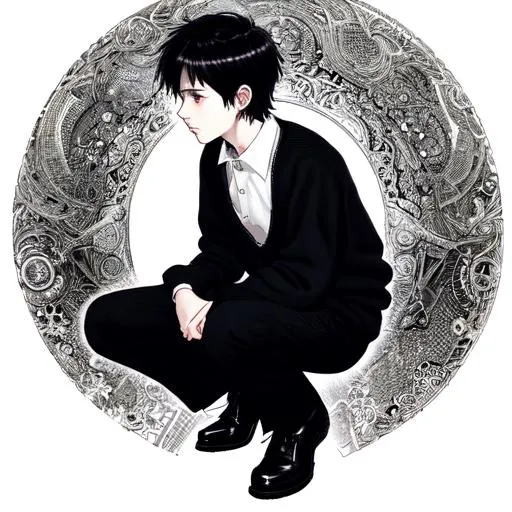 Prompt: A boy of about 12 years old, short black hair and pale skin, he is wearing a black sweater vest with a white button up underneath and black pants, he is kneeling, dramatic lighting, illustration, ink art, Sergio Toppi, detailed, Yoshitaka Amano, ishida sui