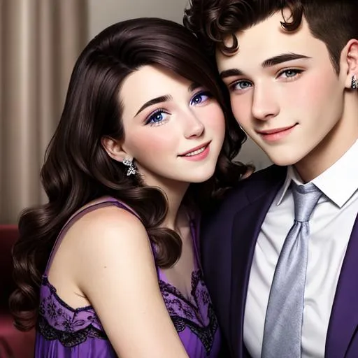 Prompt: Young couple in love-Woman wearing a purple dress,  with a young man with dark hair, facial closeup