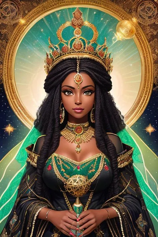 Prompt: Extremely beautiful dark skinned Black Woman with very long afro wearing ornate jewel-encrusted crown. Centered. Portrait.  Green ornate, elegant, stitched and sewn, bejeweled dress. Beautiful brown eyes. She is holding a magic wand with a glowing sphere above it. Facing the camera. Bright lights emanating from behind her head. 

Backround is sigil of constellations and zodiac signs