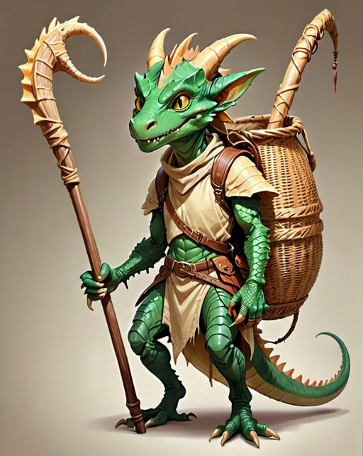 Prompt: A very thin (skinny) male lizard (kobold) character with green scales covering his body, very large golden eyes, holding a simple wooden staff in his right hand, has horns on his head, has a  large wicker basket on his back as a backpack, smiling, friendly, dungeons and dragons, concept art, neutral background