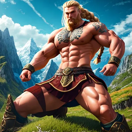 Prompt: landscape, UHD, 8K, highly detailed, panned out view of the character, visible full body, a super muscular blonde Viking with braids and tattoos in a battle stance resembling, transparent background