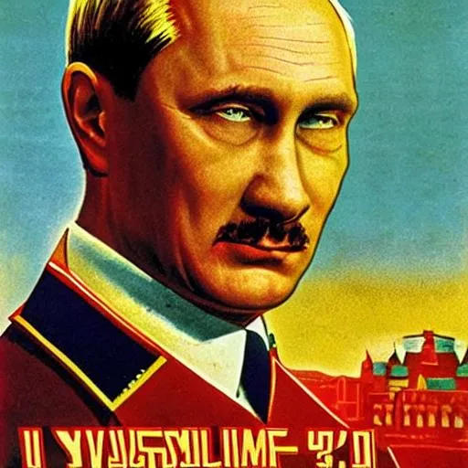 Prompt: Vladimir Putin Adolf Hitler as soviet propaganda poster