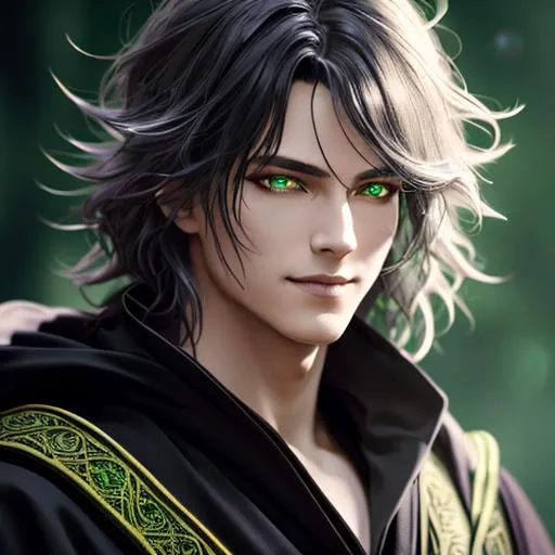 Prompt: warlock, smiling, Male, charming, messy hair, simple robe, black robes, green accents, cult leader, dead eyes, D&D, Fantasy, detailed face, elegant, mesmerizing , glorious, cinematic light, hd octane render, high resolution scan, masterpiece, hyperrealism, delicate detailed complex, sophisticated, vibrant colors, highly detailed, intricate detailed, volumetric lighting, light reflection, male, man