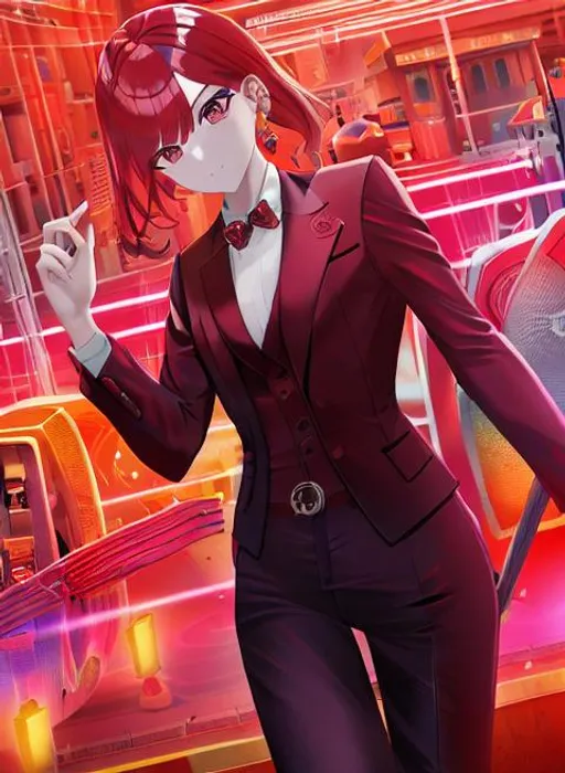 Prompt: red hair woman and blond man in suit behind her with bright lights all around her, in the style of colorful futurism, industrial photography, yellow and magenta, city portraits, fisheye effects, bold lines, bright colors, angura kei, book cover composition, trending artstation art syle, semirealism art syle