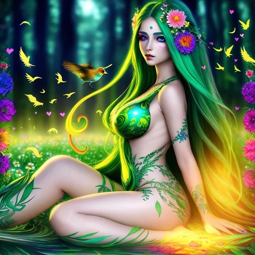 Prompt: psychedelic, twisted, cinematic, 3D, HD, {female}Nymph, Beautiful big {heart-shaped}reflective eyes, long flowing hair, flowers, Leaves, birds, expansive psychedelic background, hyper realistic, 4K --s98500