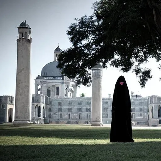 Prompt: A tall young woman, wearing beautiful long robes, looking at a palace in the distance. Her face is hidden by niqab.