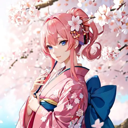 Prompt: Japan as a female human, 8k, UHD,  highly detailed, pink hair, blue eyes, wearing a kimono, under the cherry blossom trees, close-up