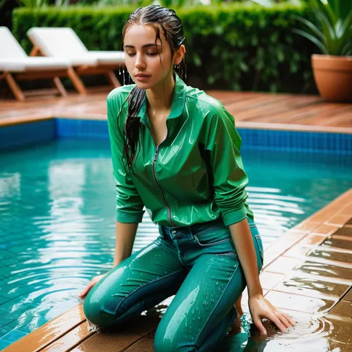 Prompt: photo of young woman, in soaking wet clothes, wet Jeans, Tight green tshirt,  , Kneeling by pool,   enjoying, wet clothes stuck to body,  detailed textures of the wet clothes, wet face, wet plastered hair,  wet, drenched, professional, high-quality details, full body view , Back view