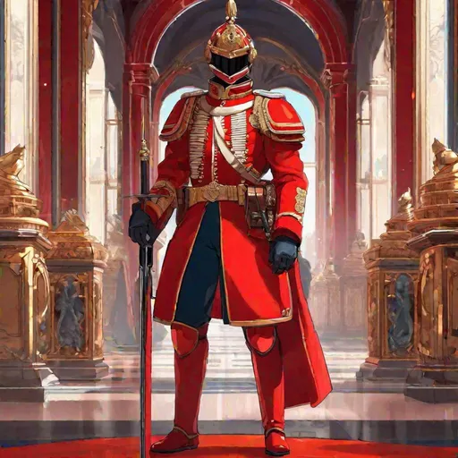 Prompt: A scifi english royal guard in bright red scifi uniform. he wears an english cavalry helmet. He is stands on guard. In background a scifi royal palace. Detailed. Akira art. Anime art. 2d art. 2d.