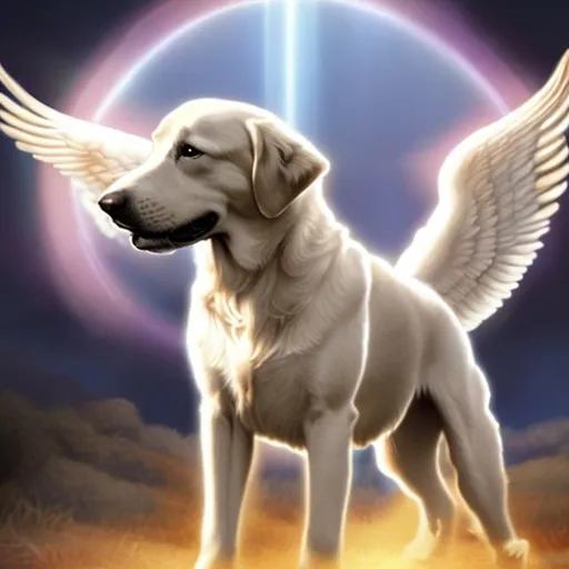 Prompt: Angel big dog with halo running