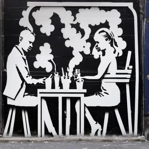 draw a stencil of a couple smoking at an outdoor style european bar  blank fill just black and whit