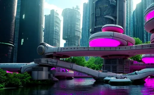 Prompt: a sci fi city with a lazy river of pink water, cinematic, small details