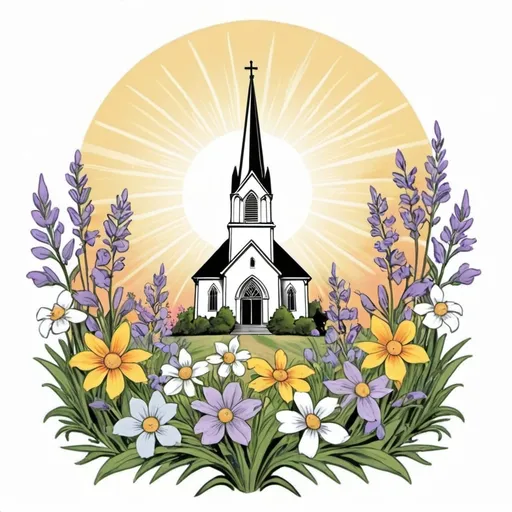 Prompt: Sun rays behind a church steeple and spring flowers surrounding the border with the words Pine Hill in Full Bloom